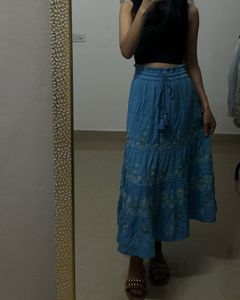 Linen Blue Embroidered A-Line Skirt