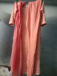 Peach Chikankari Kurti Legging And Dupatta Set