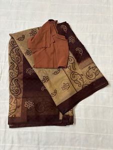 Dark Brown Paisley Print Cotton Saree