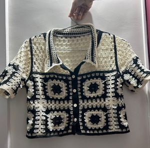 Patch Print Cropped Crochet Top
