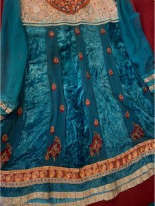 Zardozi Embroidered Teal Velvet Anarkali