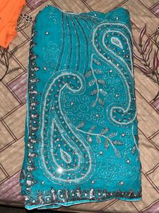 Sea blue Beaded Sequence Saree