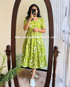 Title:🌿 Elegant Lime Green Floral Cotton Dress 🌸