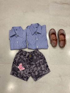 2 Blue Check Shirts,one Pair Of Sandals And Short