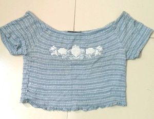 Blue Floral Embroidered Crop Top