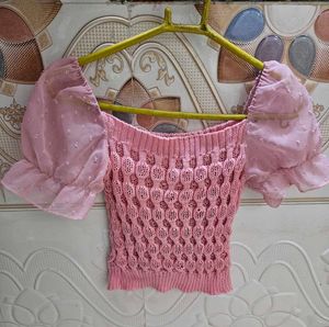 Woolen Pink Puff Sleeve Knit Top