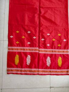 Red &amp; White Assamese Mekhala Chador(Without Blouse