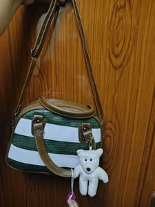 Striped & Textured Bag with Teddy Charm