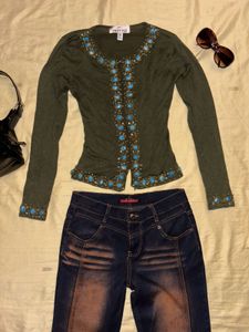 ⋆˚✿˖° y2k beaded olive cardigan ⋆˚✿˖°