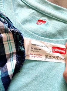 Babyhug Checks Dungaree with Half Sleeves Tee