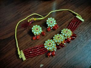 Red and Gold Choker Necklace with Earrings