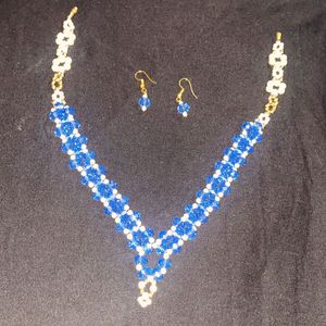 Blue Crystal &amp; Pearl Necklace Earrings Set