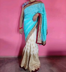 🩵Beautiful Two Color Saree For Woman🩵🤍