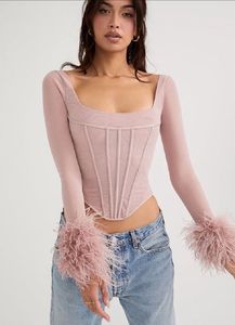 Women&#39;s Feather Long Sleeve Corset Top Faux Fur