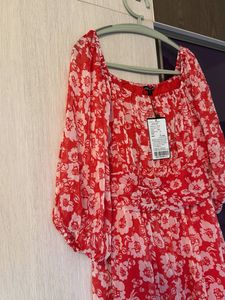 Floral Red Cinched Waist Midi Dress