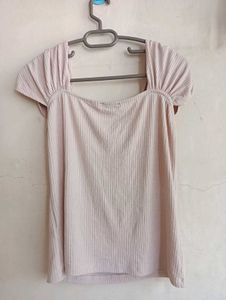 Cute Pink Puff Sleeve Ribbed Top