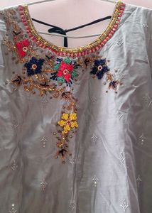 New Unused Silk Grey Embroidered Salwar Kurta