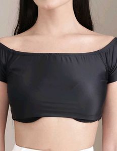Fitted off shoulder short sleeve micro crop top