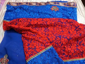 Designer Blue And Red Saree (Women)