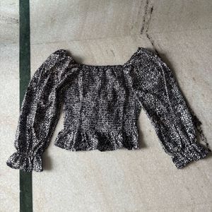 Black and White Puff-Sleeve Smocked Top