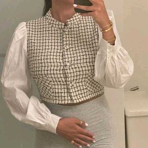 Chic Tweed & Puff Sleeve Crop Top Blouse