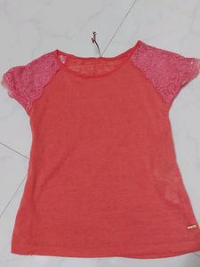 Coral Pink Top With Lace Sleeves9