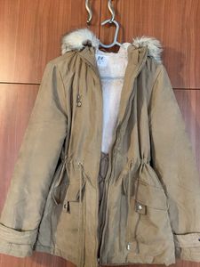 Tan Fur Trimmed Winter Parka Jacket