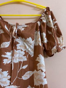 Brown And White Floral Print Tie Up Neck Dress