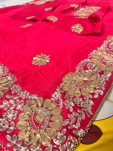 Rani Pink with Hand Embroidered Golden &amp; Silver Za