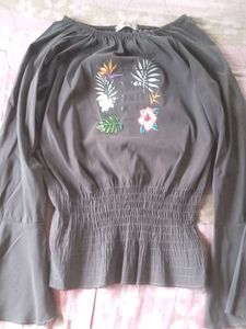 Gray Tropical Print Off-Shoulder Top