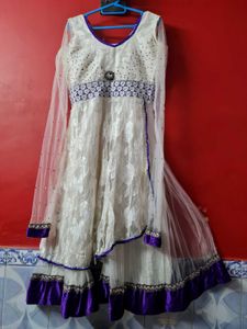 Elegant White & Purple Anarkali Suit Gown