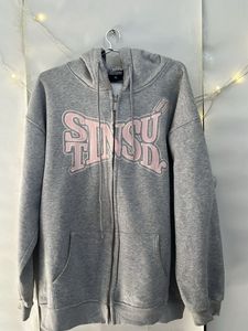 vintage Grey Zip-Up Graphic Hoodie