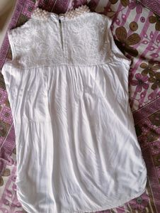 White Floral Top With Beautiful Pearl Neck