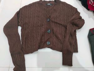 Brown Cable Knit crop Cardigan