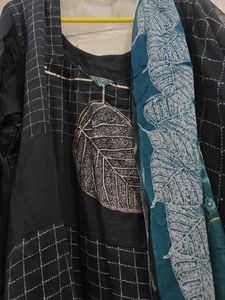 Embroidered Black Frock Style Kurta With Duppta