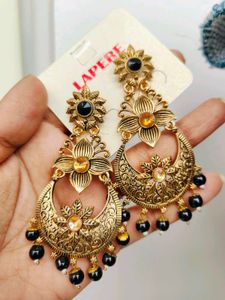 Gold Plated Black Kundan Antique Earrings/Jhumka