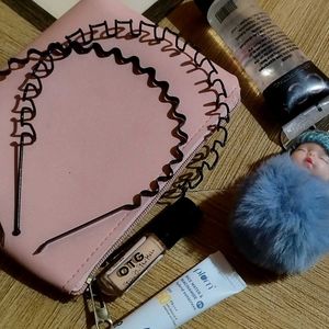 Pink Pouch With Sky Blue Keychain&plum Suncream