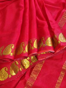 Red Pure Crepe Saree with Gold Border