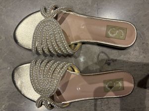 Sparkly Gold Embellished Slides With Pearls.