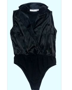 blacksatinbodysuit with a collared, wrap-style Top
