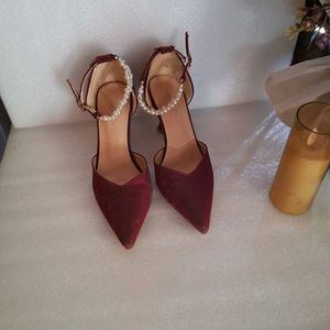Burgundy Heels with Pearl Ankle Strap