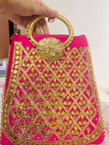 Heavy Pink Embroidered Gota patti Potli Bag