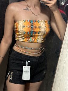 SET OF 2 Snakeskin Print Tube Top And Black Shorts
