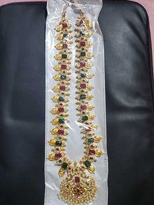 Gold-plated Long Haram Necklace Set With Pearl's