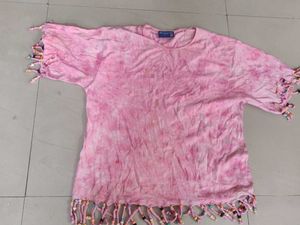 Pink Tie-Dye Tunic Top With Beaded Fringes