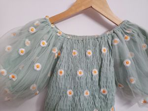 Shirred Daisy Embroidered Crop top