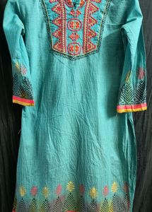 Turquoise Green Embroidered Kurtha
