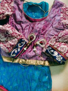 Blue &amp; Pink Embroidered Indian Lehenga Set