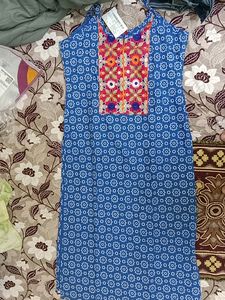 Blue Sleevless Straight Kurti