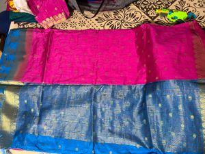 pink saree with blue paloo